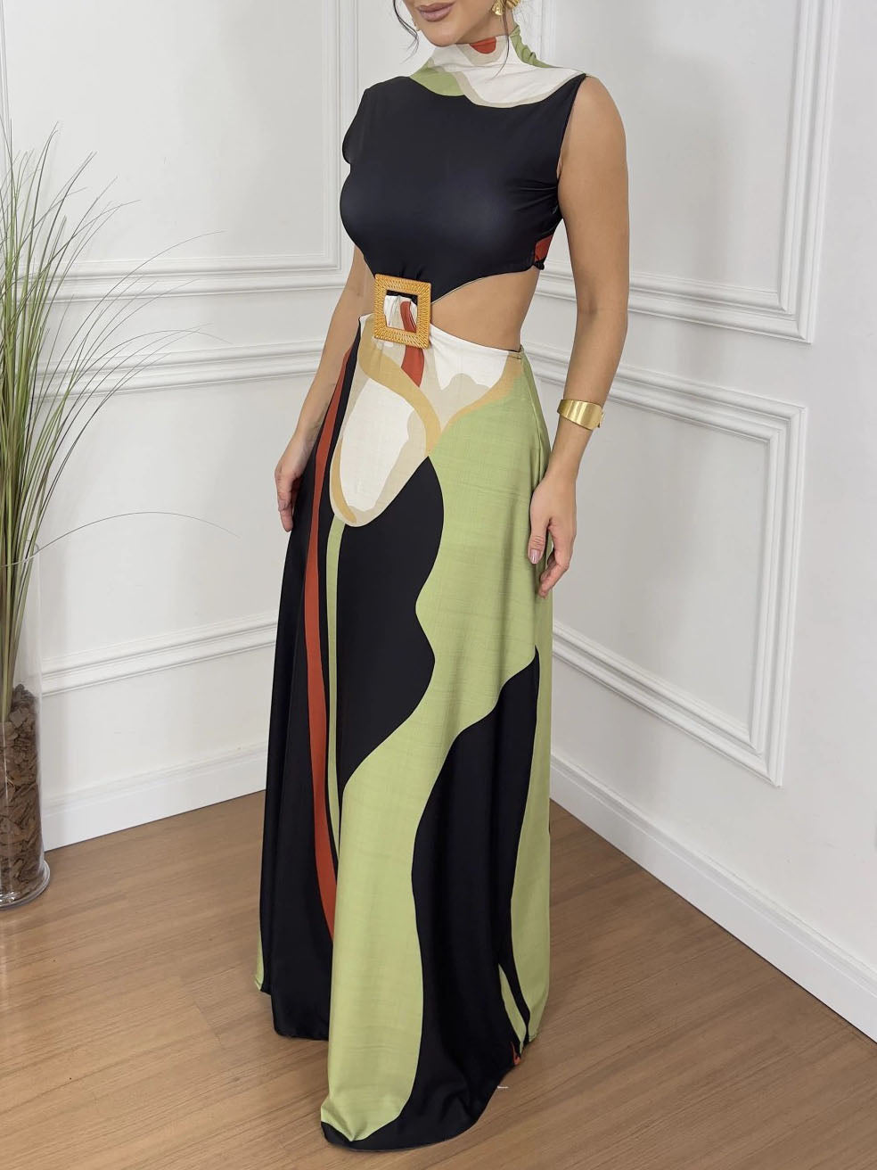 Elegant Abstract Floral Print Cutout Dress