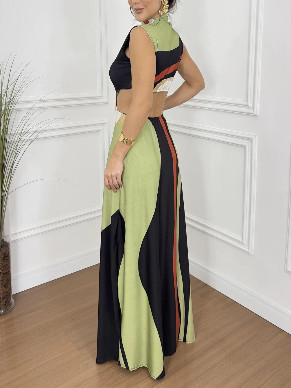 Elegant Abstract Floral Print Cutout Dress