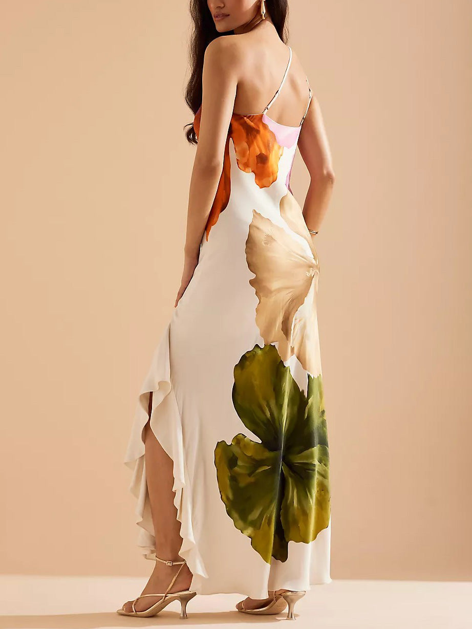 Elegant Exquisite Floral Print One-shoulder Maxi Dress