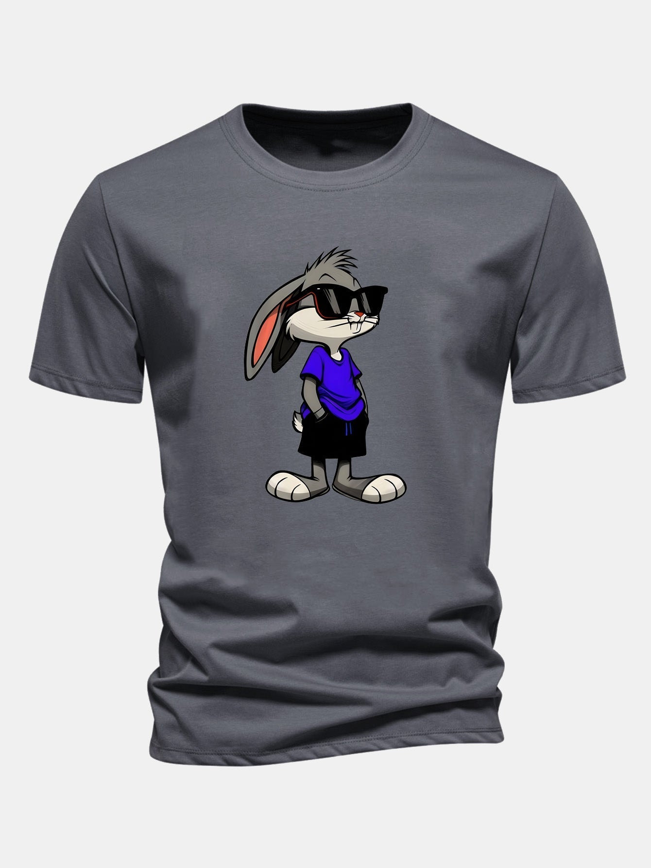 Rabbit Print Cotton T-Shirt in Regular Fit with Sunglasses Design