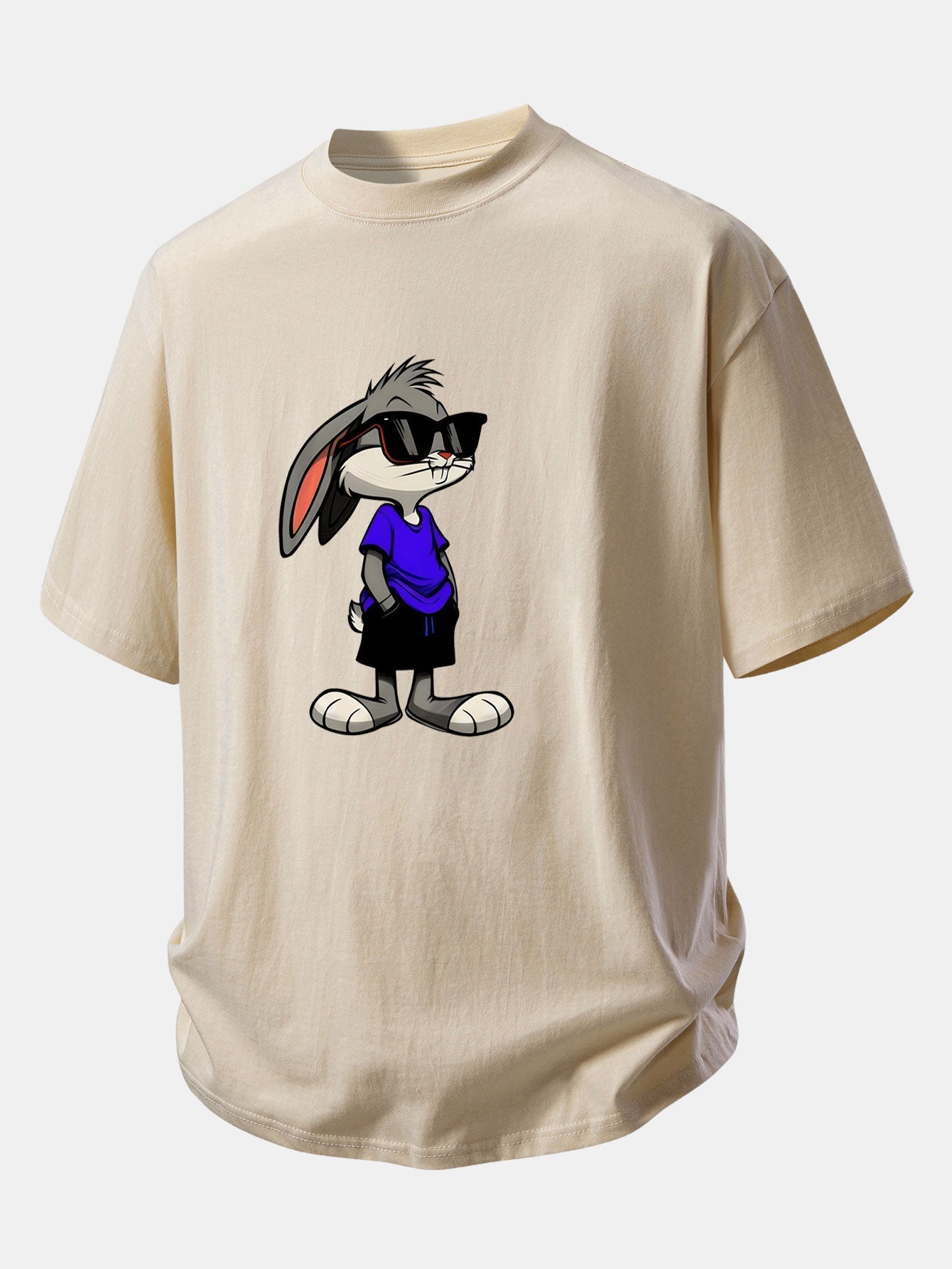 Relaxed Fit Cotton T-Shirt with Rabbit Print Sunglasses Design
