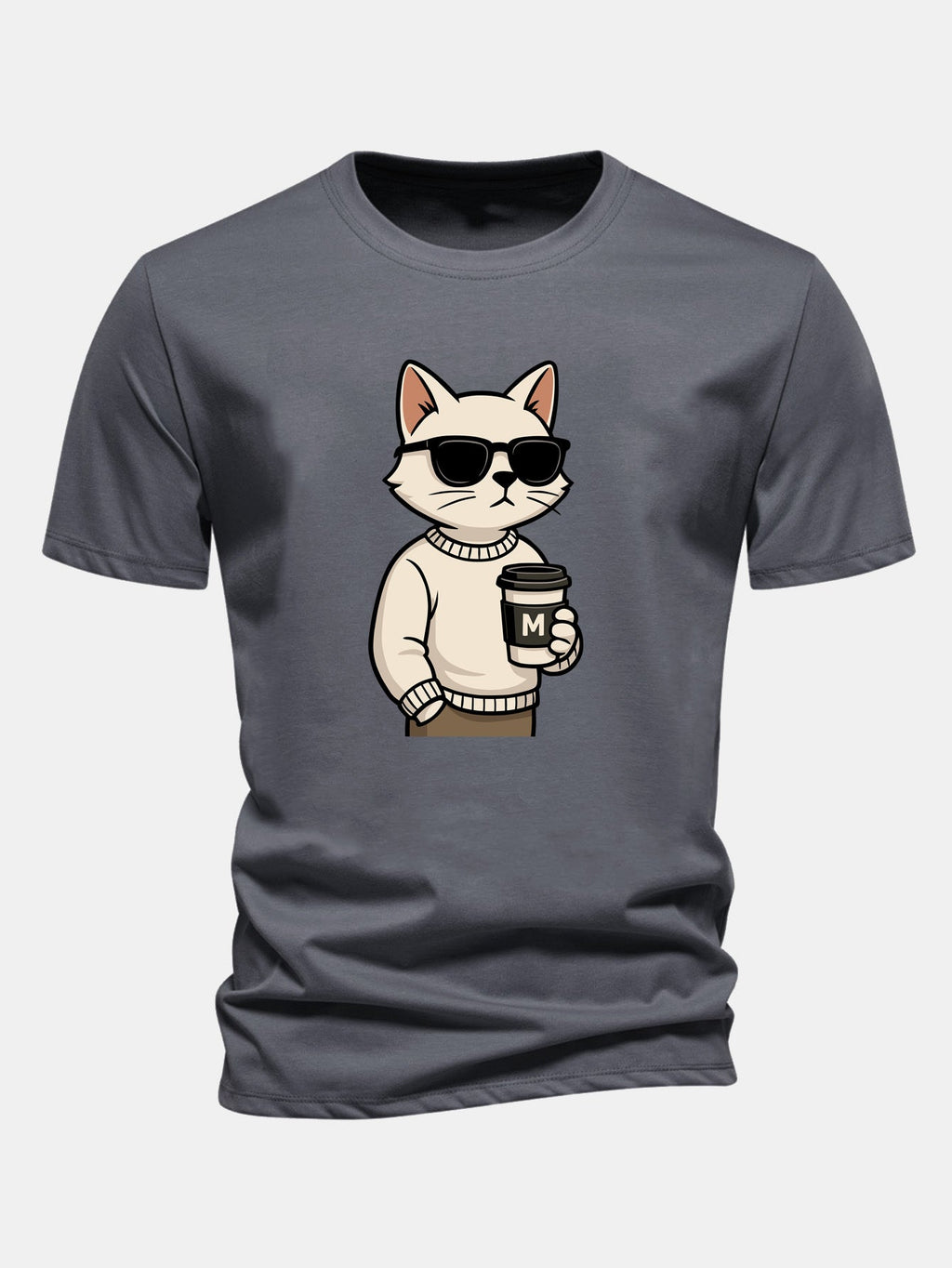 Classic Fit Cotton T-Shirt with Cat Coffee Print