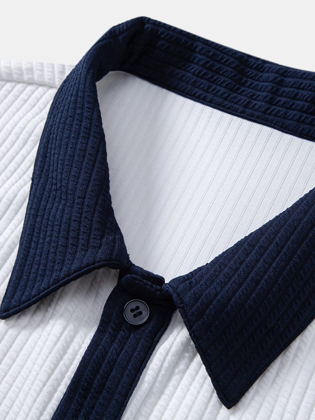 Ribbed Button-Up Shirt with Contrast Details & Drawstring Ribbed Shorts