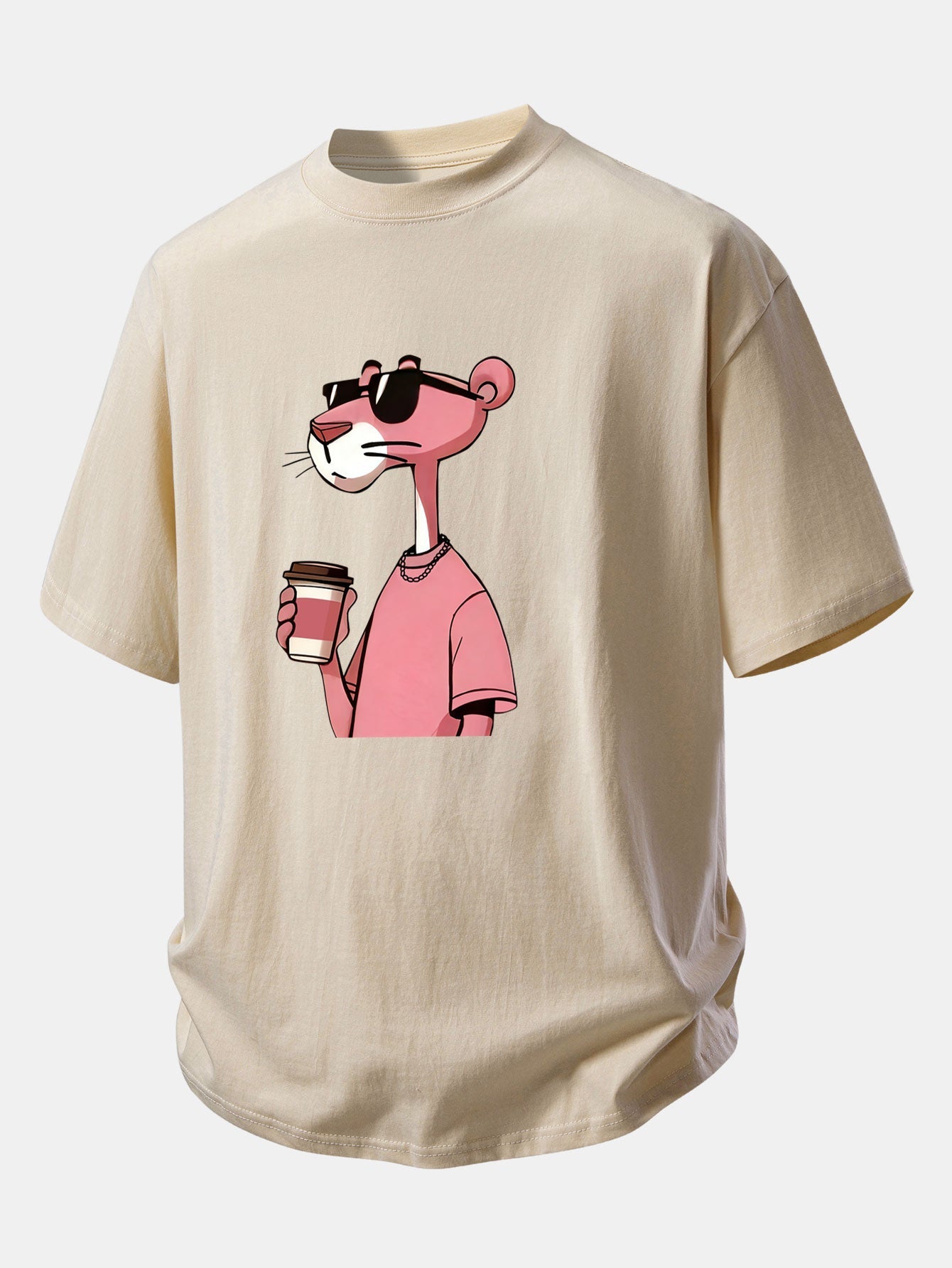 Casual Fit Pink Panther Coffee Print Cotton Tee