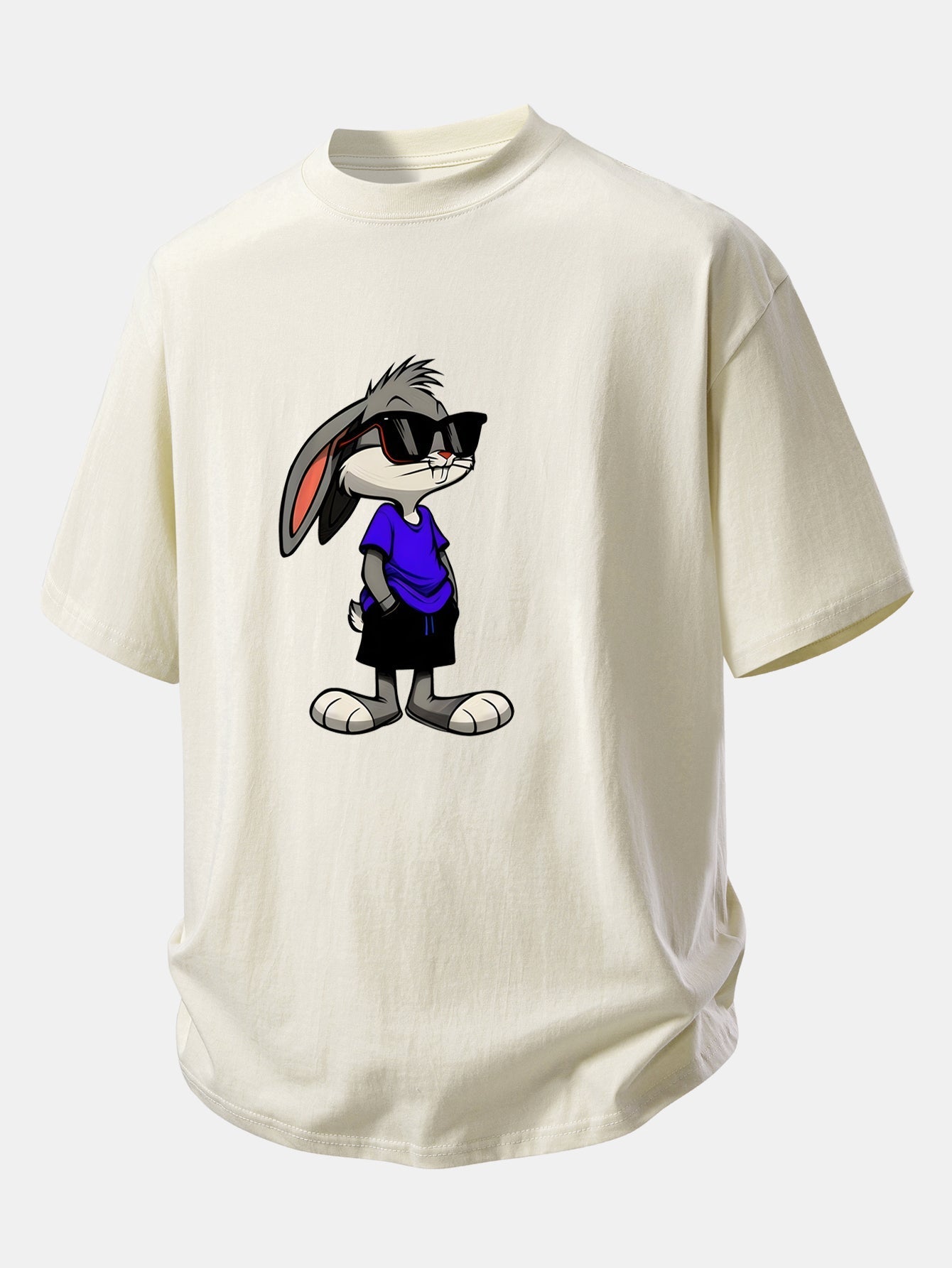 Relaxed Fit Cotton T-Shirt with Rabbit Print Sunglasses Design