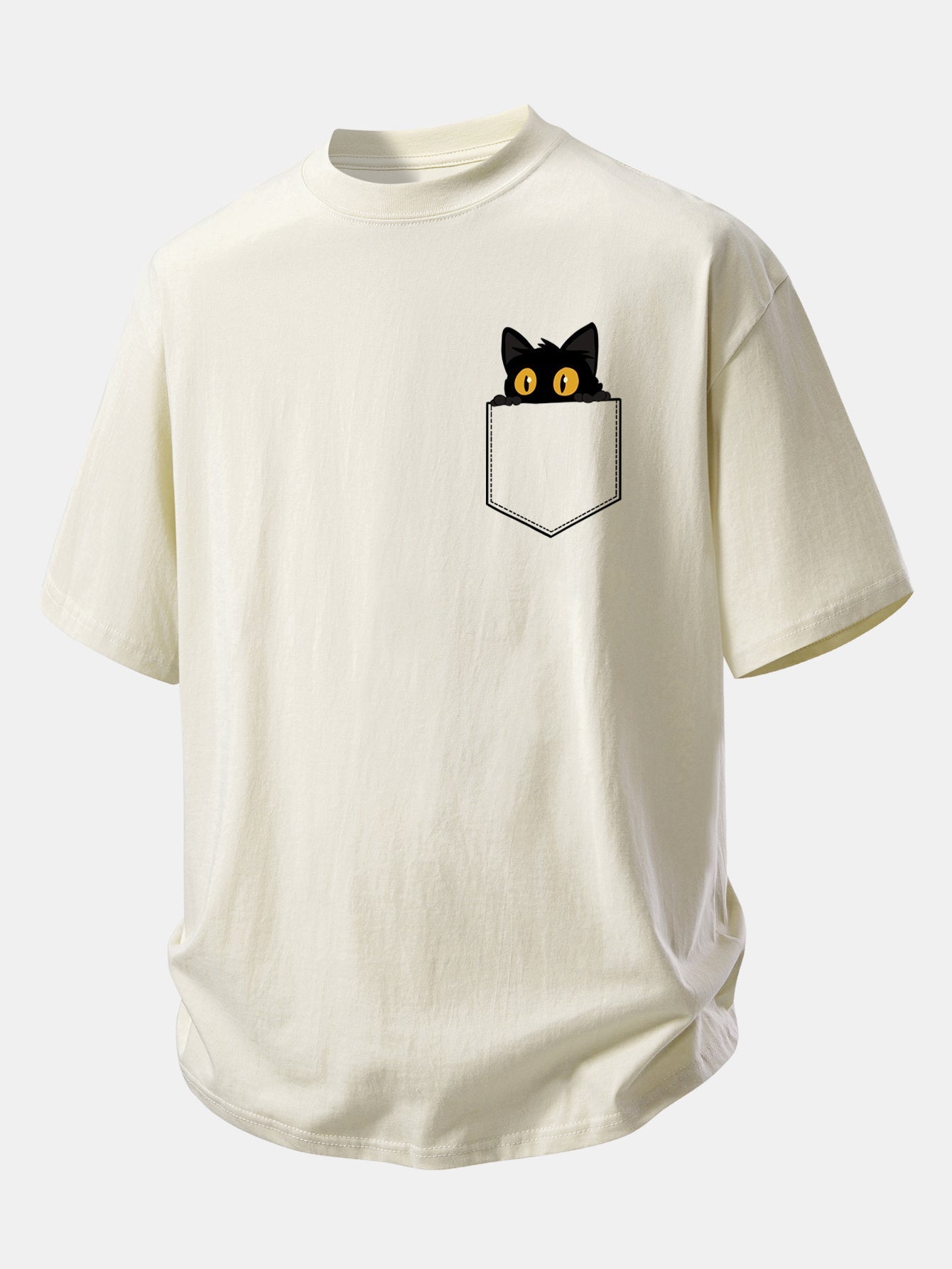 Relaxed Fit Cotton T-Shirt with Black Cat Print and Pockets