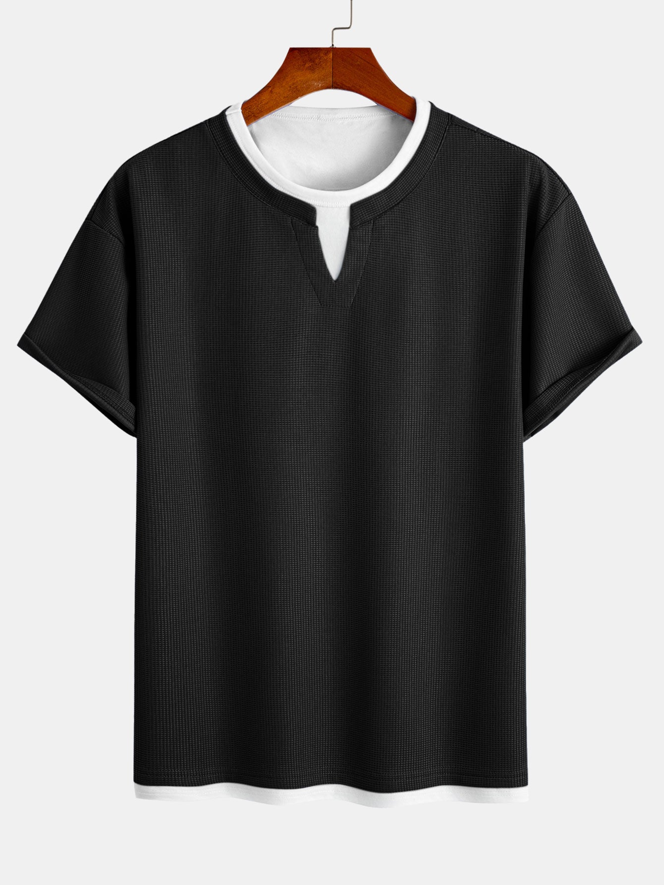 Comfortable 2-in-1 Notched Collar Waffle T-Shirt & Pleated Waffle Straight Leg Pants