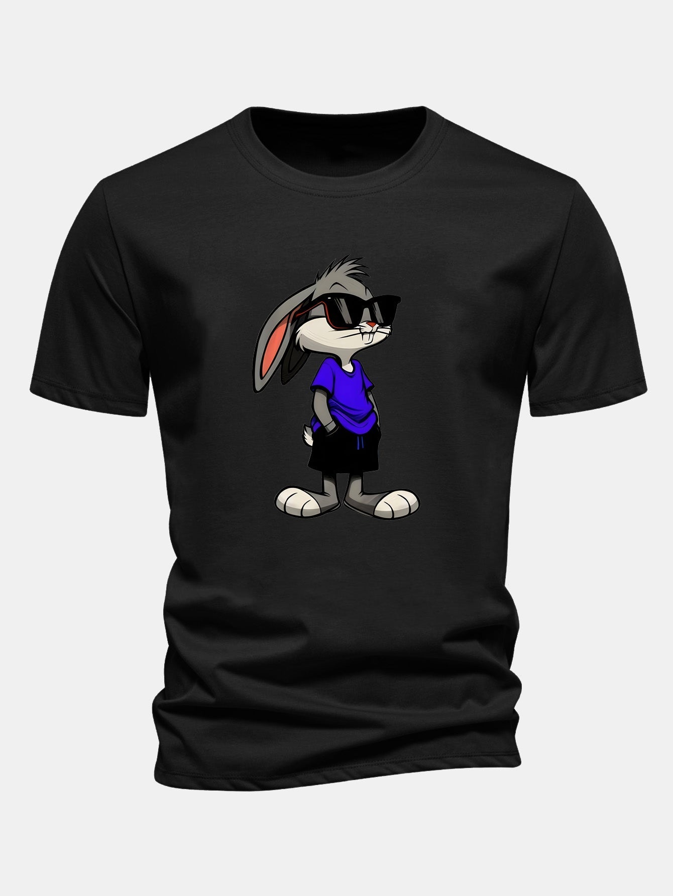 Rabbit Print Cotton T-Shirt in Regular Fit with Sunglasses Design