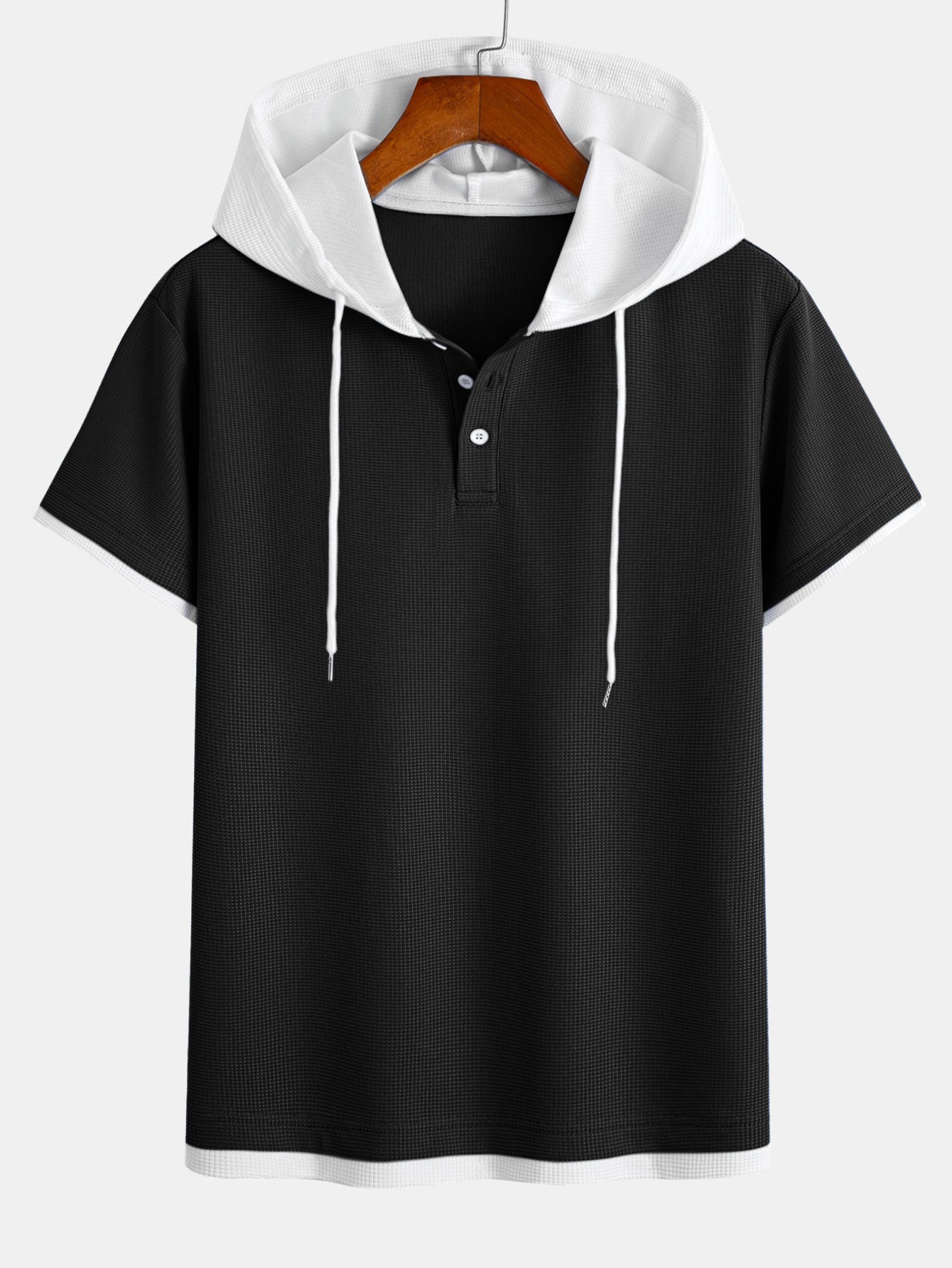 Two-Tone Button-Up Waffle Knit Hooded Tee