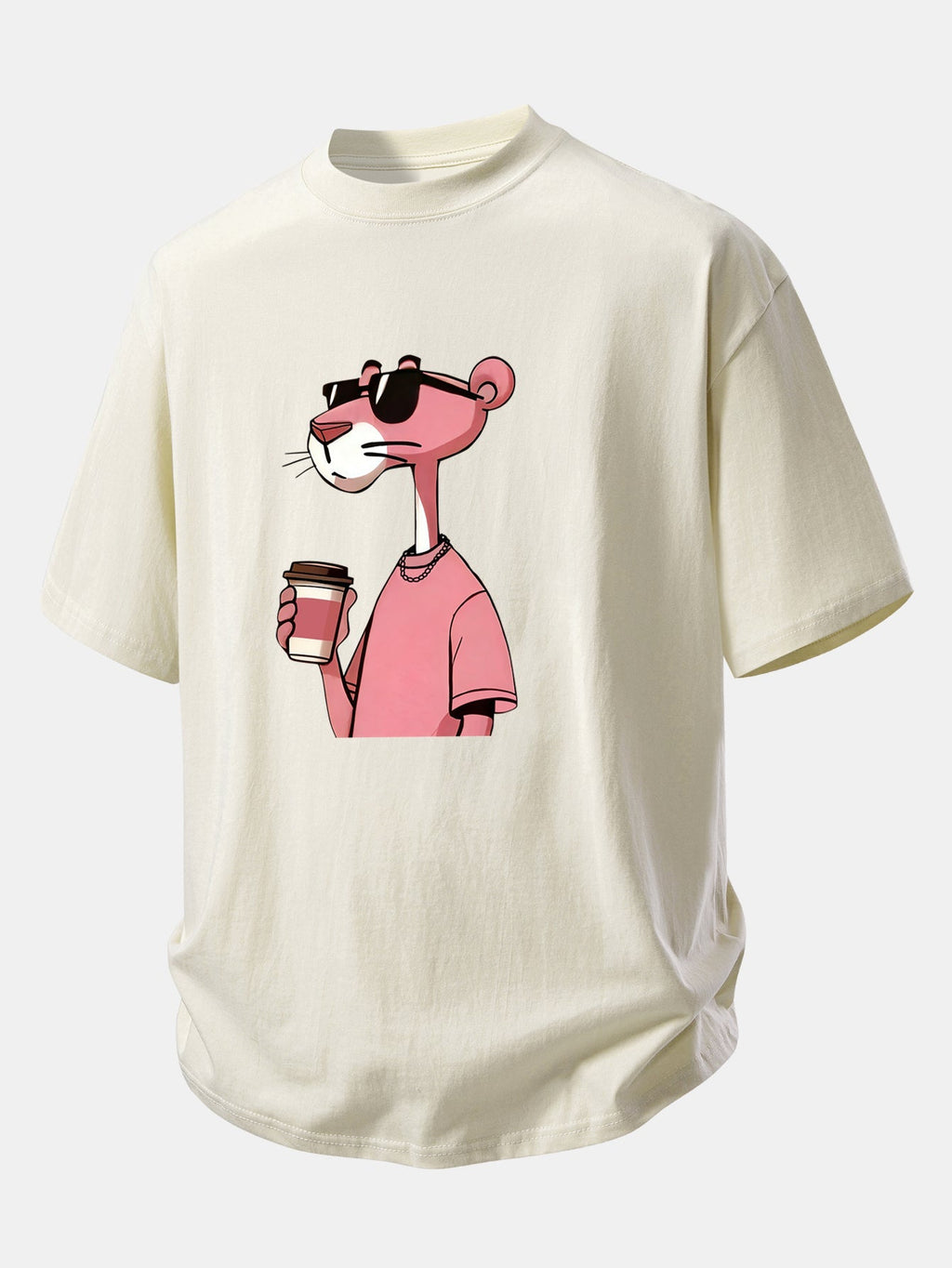 Casual Fit Pink Panther Coffee Print Cotton Tee