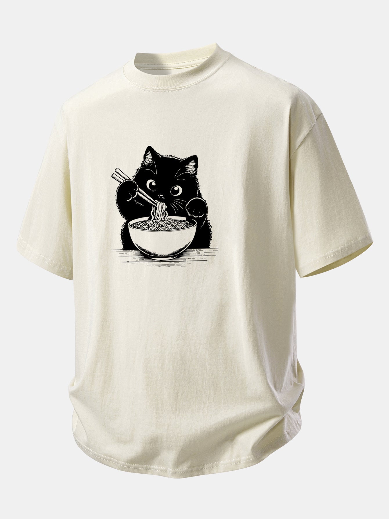 Comfortable Black Cat Ramen Graphic Cotton T-Shirt