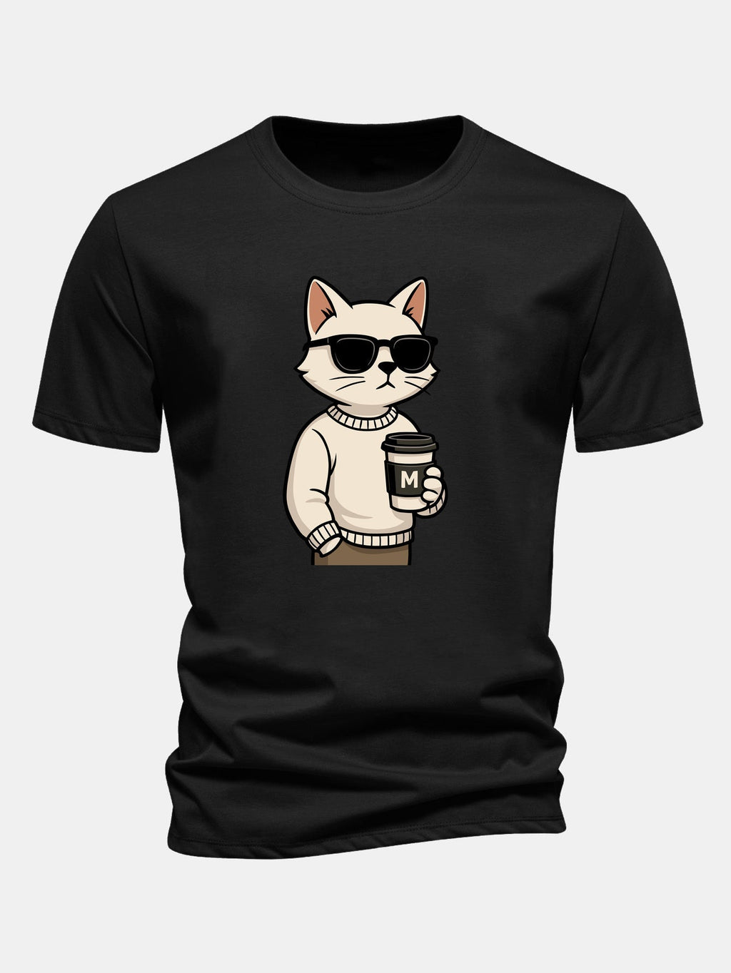 Classic Fit Cotton T-Shirt with Cat Coffee Print