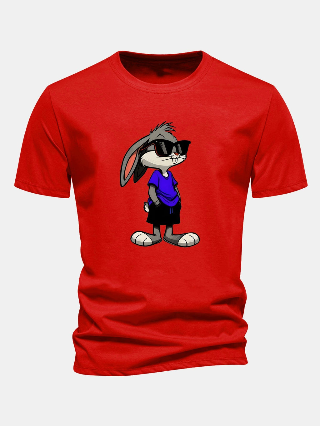 Rabbit Print Cotton T-Shirt in Regular Fit with Sunglasses Design