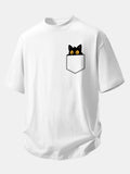 Relaxed Fit Cotton T-Shirt with Black Cat Print and Pockets