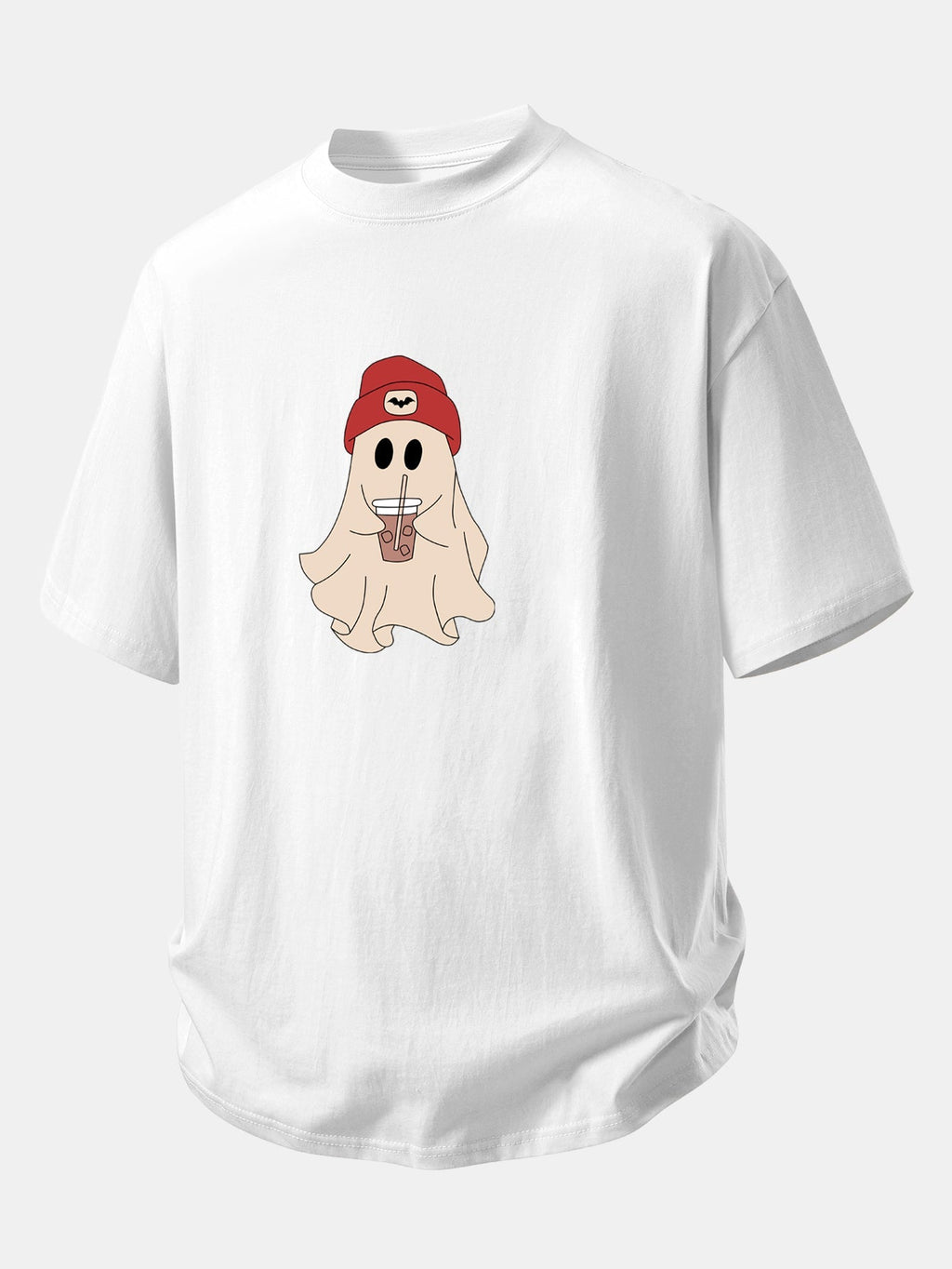 Relaxed Fit Red Ghost Print Cotton T-Shirt with 7" Cotton Drawstring Shorts
