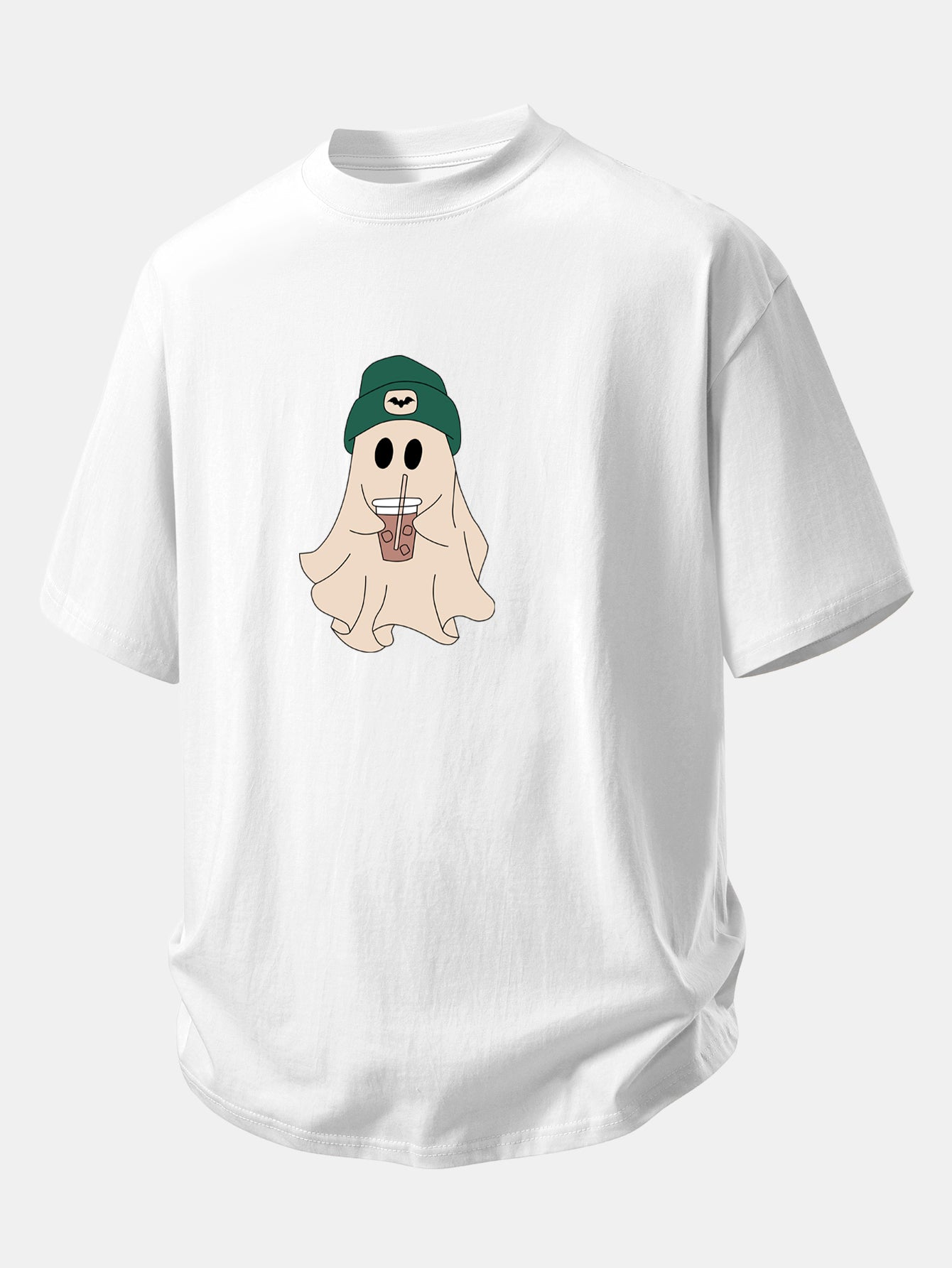 Relaxed Fit Dark Green Ghost Print Cotton T-Shirt