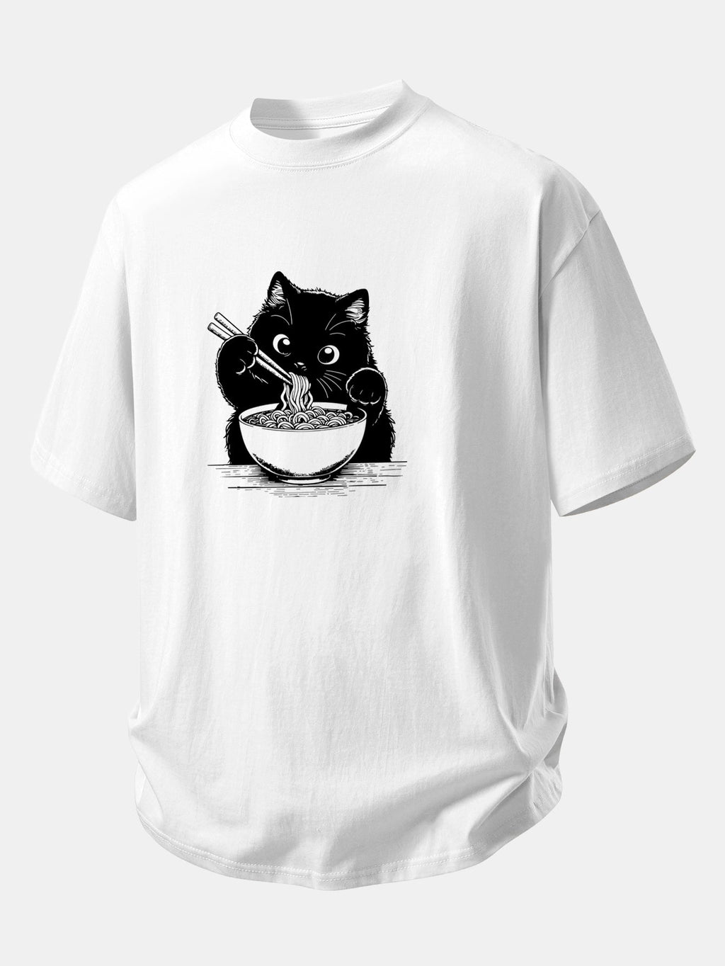 Comfortable Black Cat Ramen Graphic Cotton T-Shirt