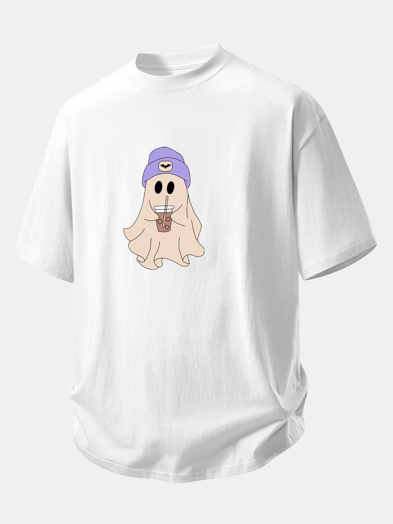 Relaxed Fit Purple Ghost Print Cotton T-Shirt & 7" Cotton Drawstring Shorts