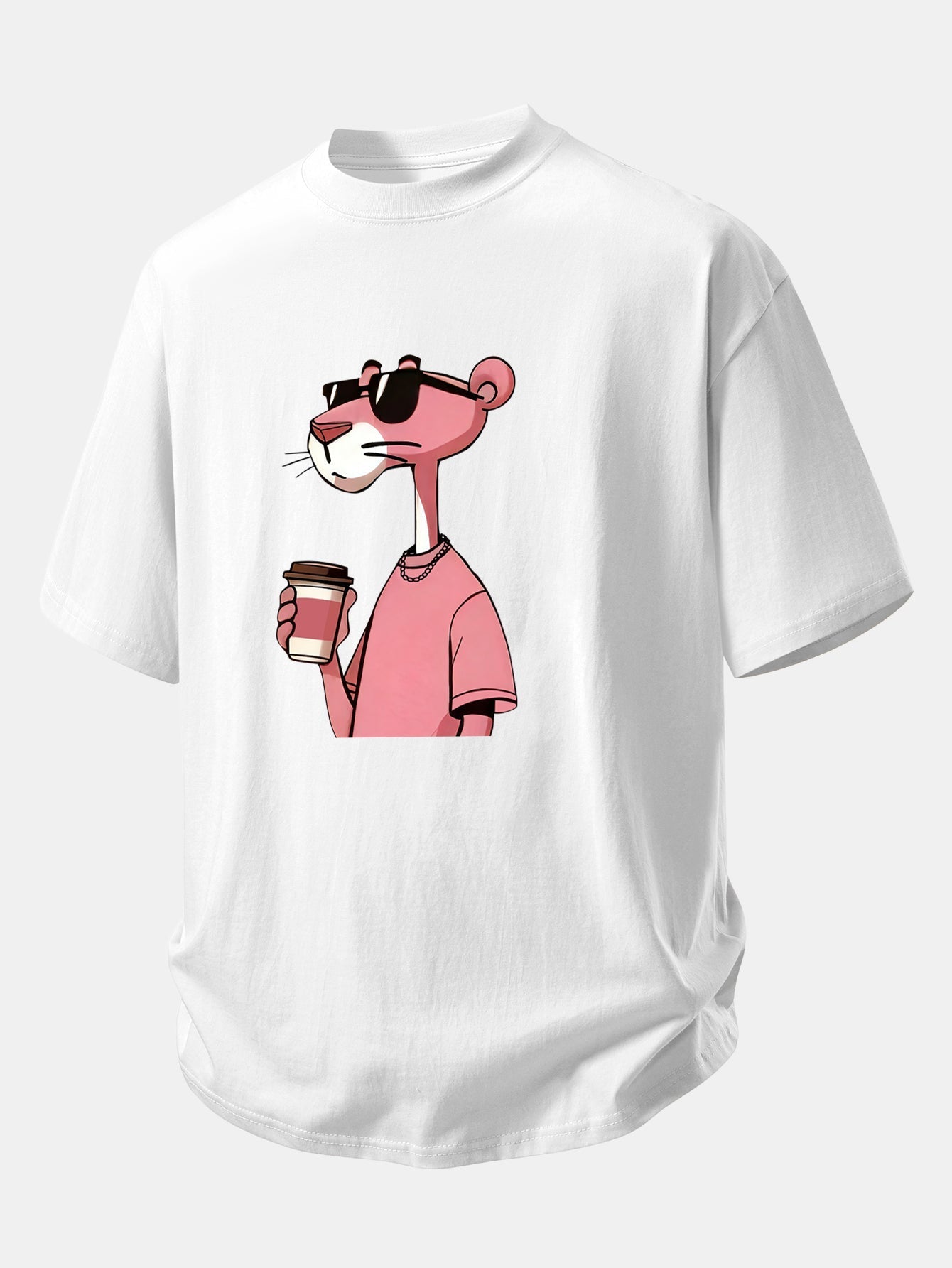 Casual Fit Pink Panther Coffee Print Cotton Tee