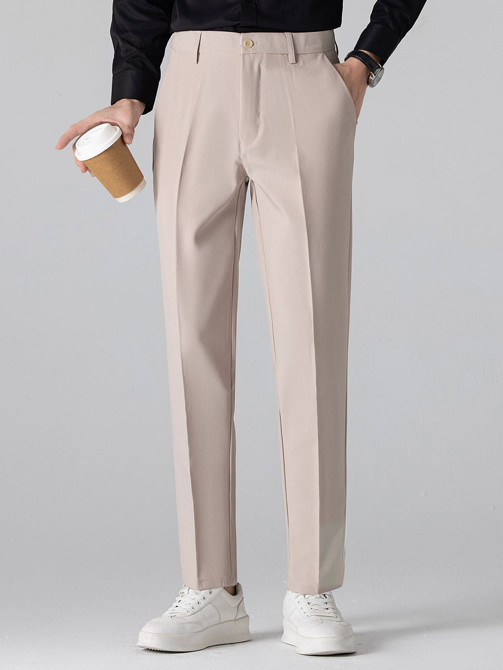 Ribbed Johnny Collar Knit Polo with Contrast Trim & Slim Fit Tapered Trousers
