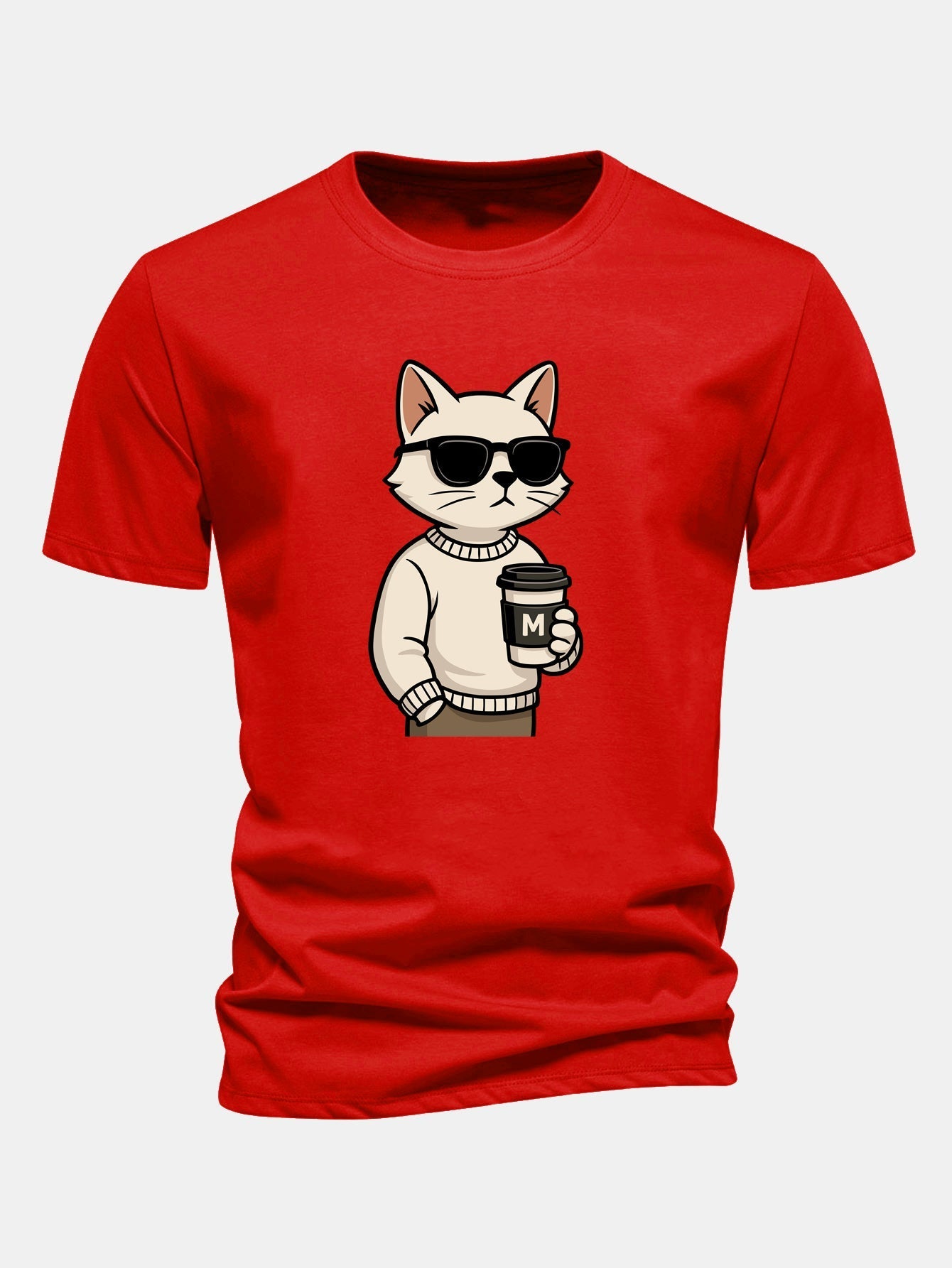 Classic Fit Cotton T-Shirt with Cat Coffee Print