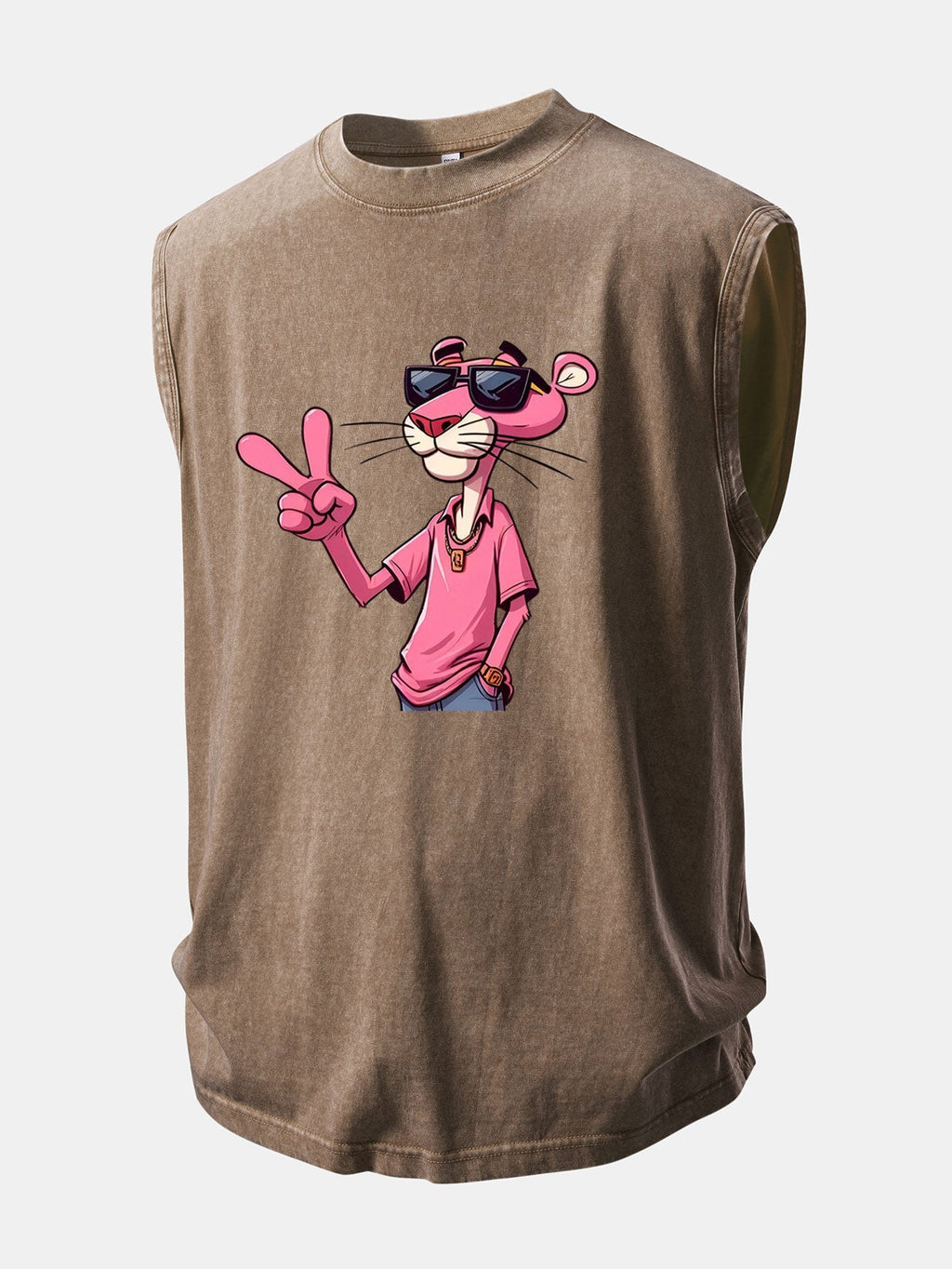 Distressed Washed Tank Top Featuring Pink Panther and V Sign Print