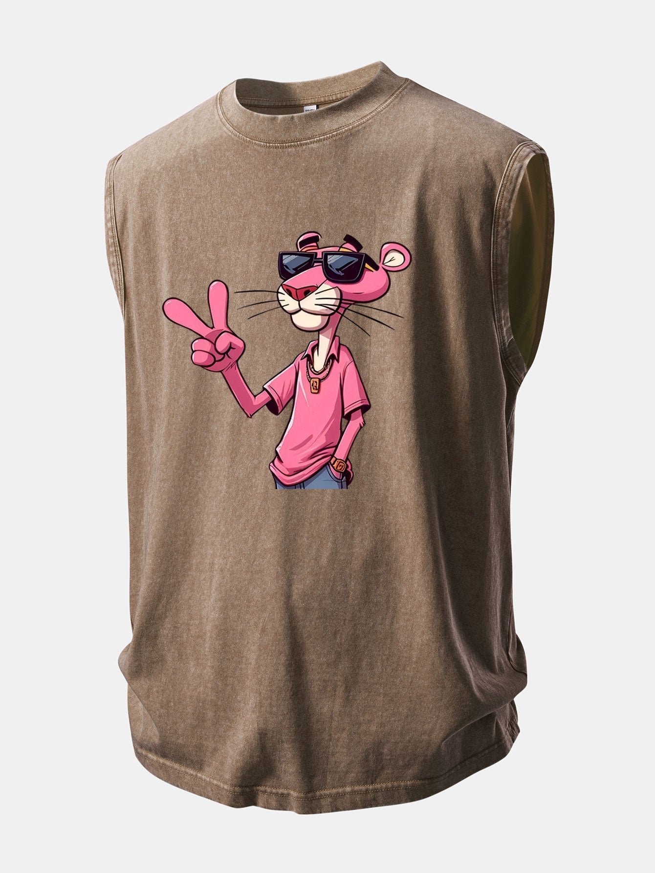Distressed Washed Tank Top Featuring Pink Panther and V Sign Print