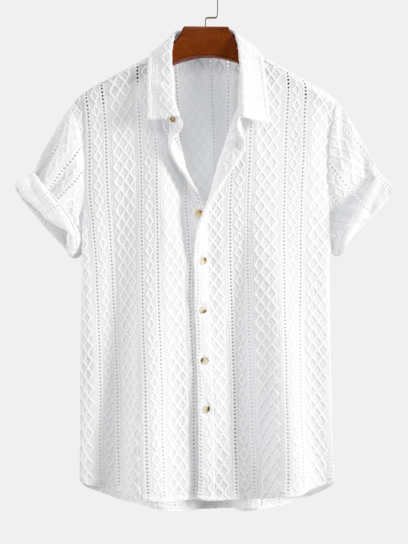 Jacquard Rhombus Button-Up Shirt & Crinkle Textured 5" Drawstring Shorts