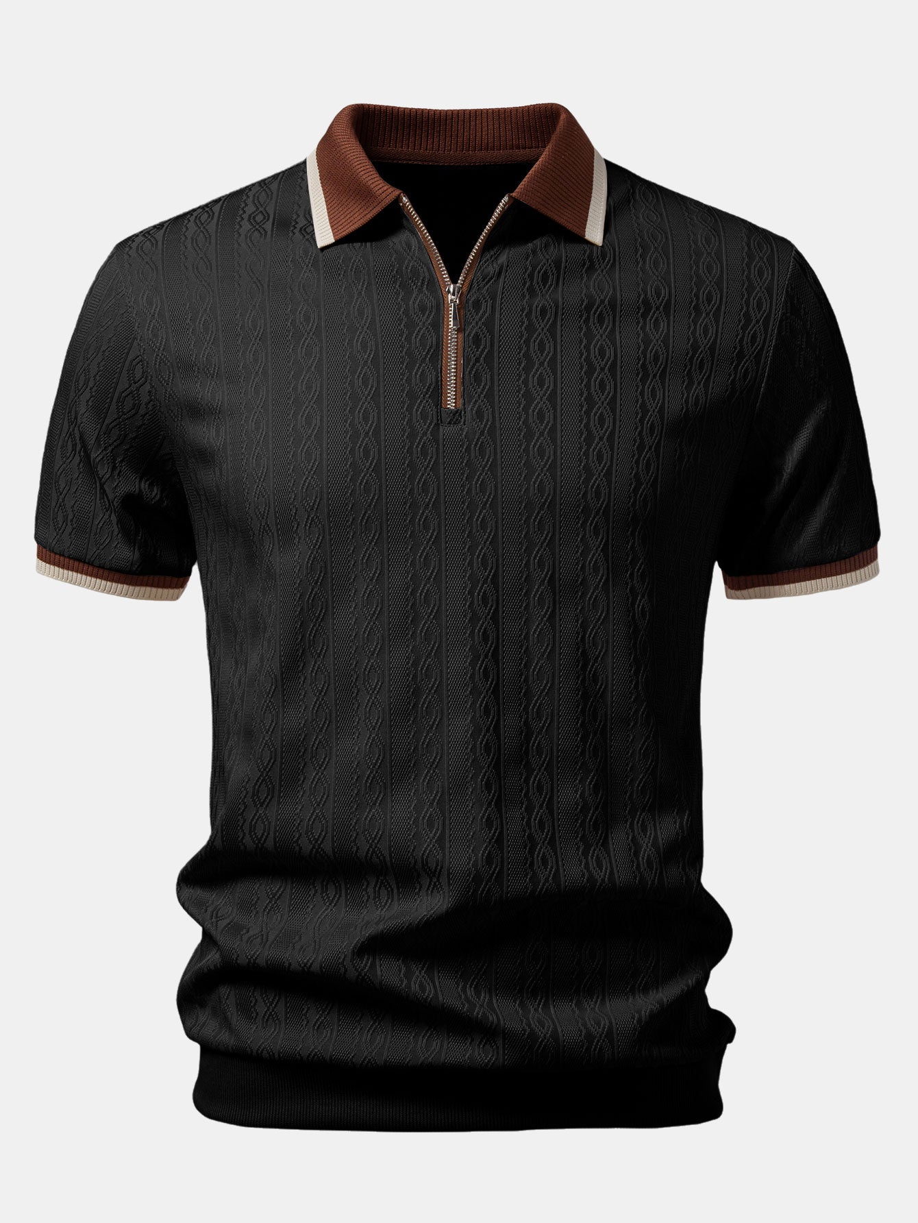 Textured Knit Polo with Contrast Trim & Slim Fit Tapered Trousers