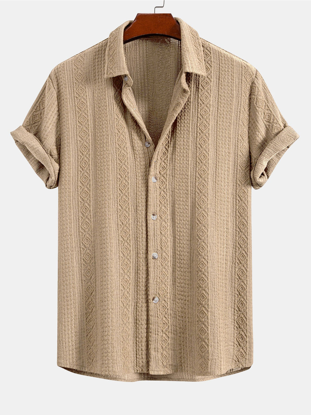 Geometric Jacquard Button-Up Shirt with Crinkle Textured Straight-Leg Pants