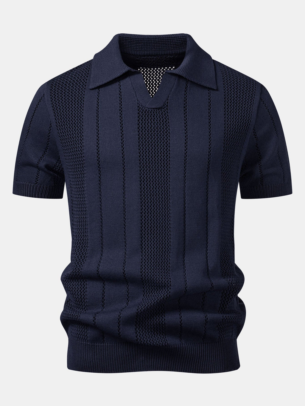 Johnny Collar Striped Knit Polo with Open Weave