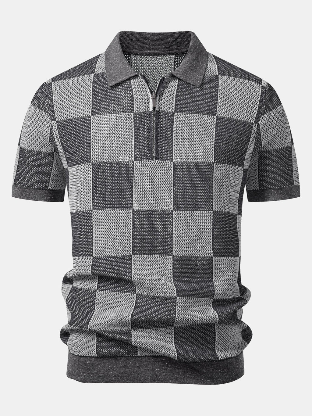Crocheted Zipper Knit Polo with Checkerboard Design
