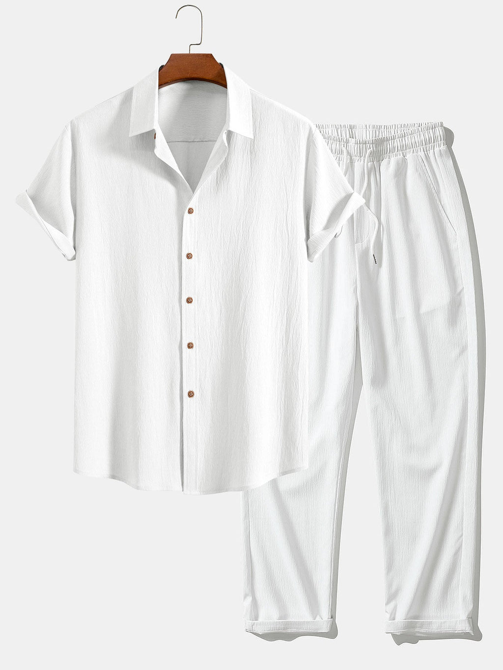Textured Crinkle Button-Up Shirt with Straight-Leg Trousers