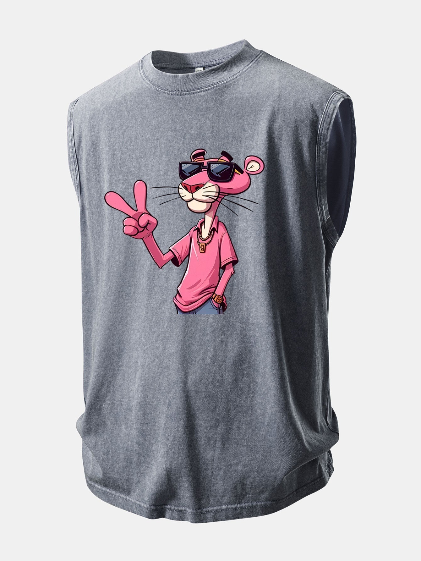 Distressed Washed Tank Top Featuring Pink Panther and V Sign Print