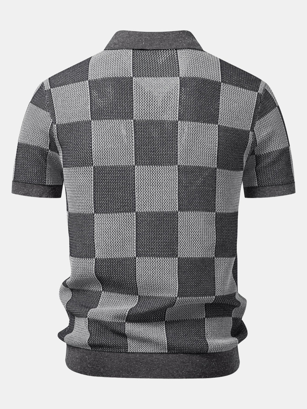 Crocheted Zipper Knit Polo with Checkerboard Design