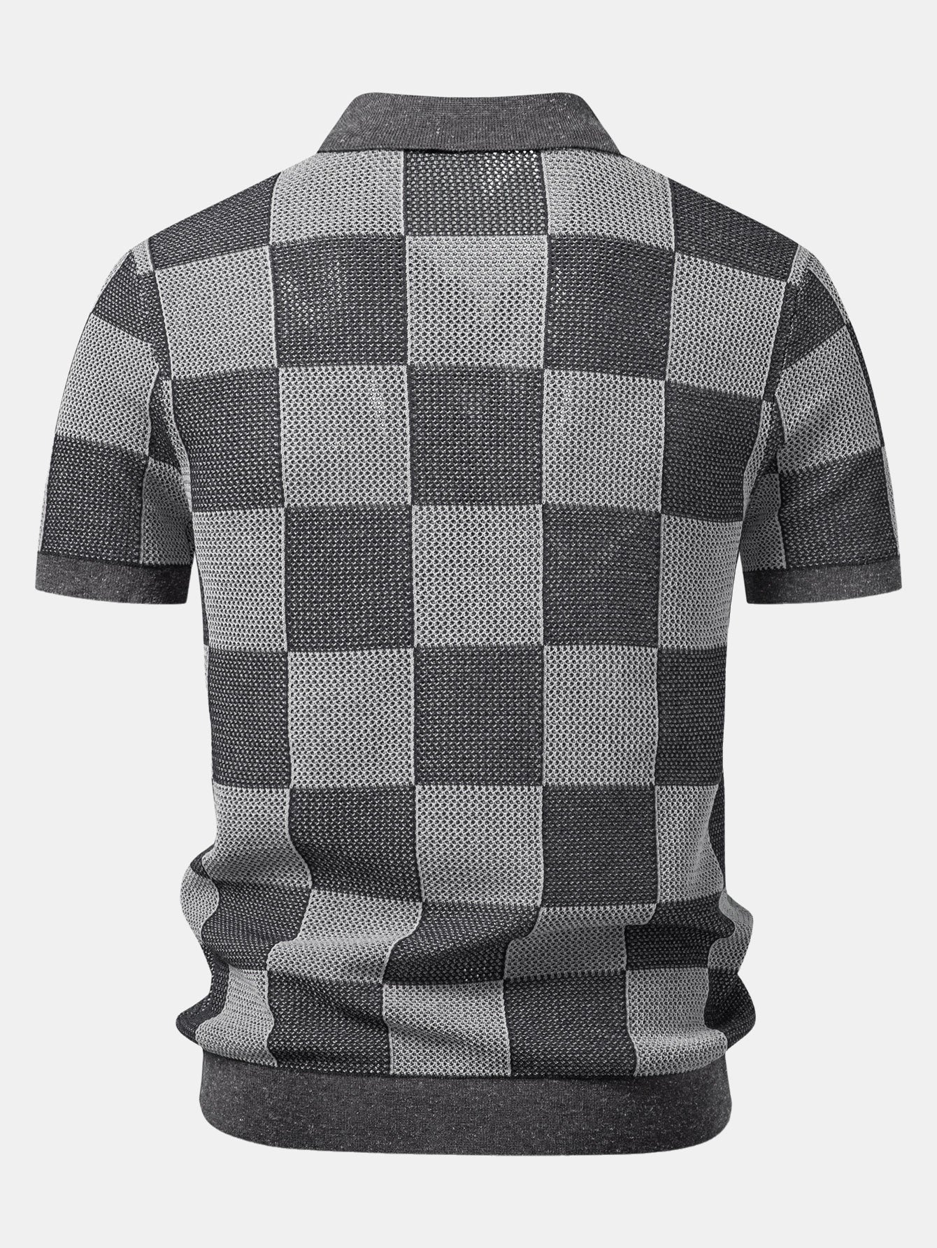 Crocheted Zipper Knit Polo with Checkerboard Design