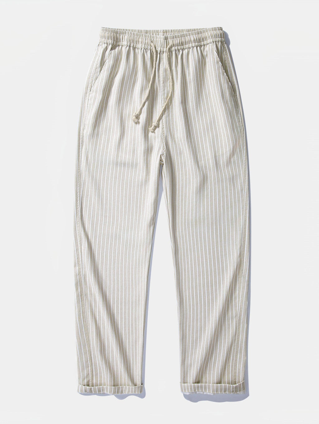 Linen-Rayon Blend Button-Up Shirt with Striped Straight-Leg Linen Pants
