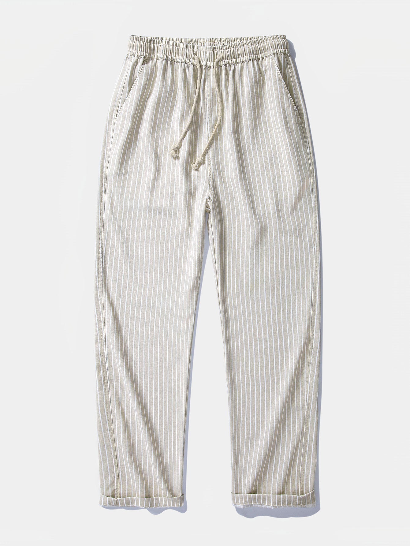 Linen-Rayon Blend Button-Up Shirt with Striped Straight-Leg Linen Pants