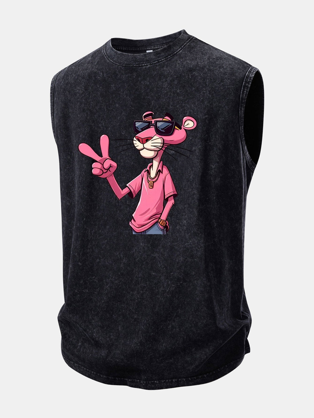 Distressed Washed Tank Top Featuring Pink Panther and V Sign Print