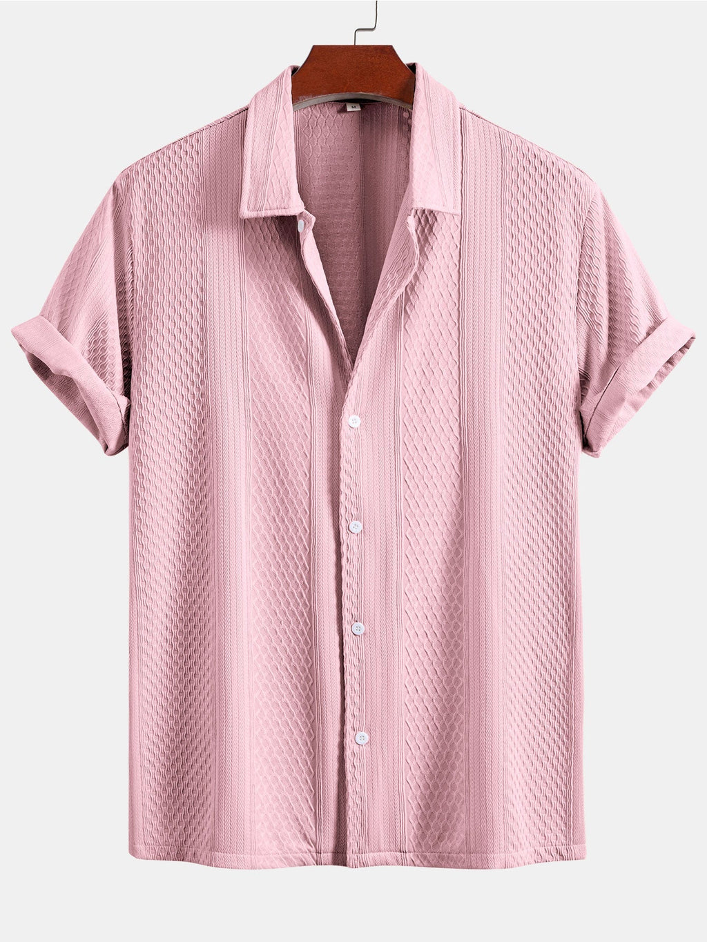 Geometric Jacquard Button-Up Shirt with Crinkle Textured Straight-Leg Pants