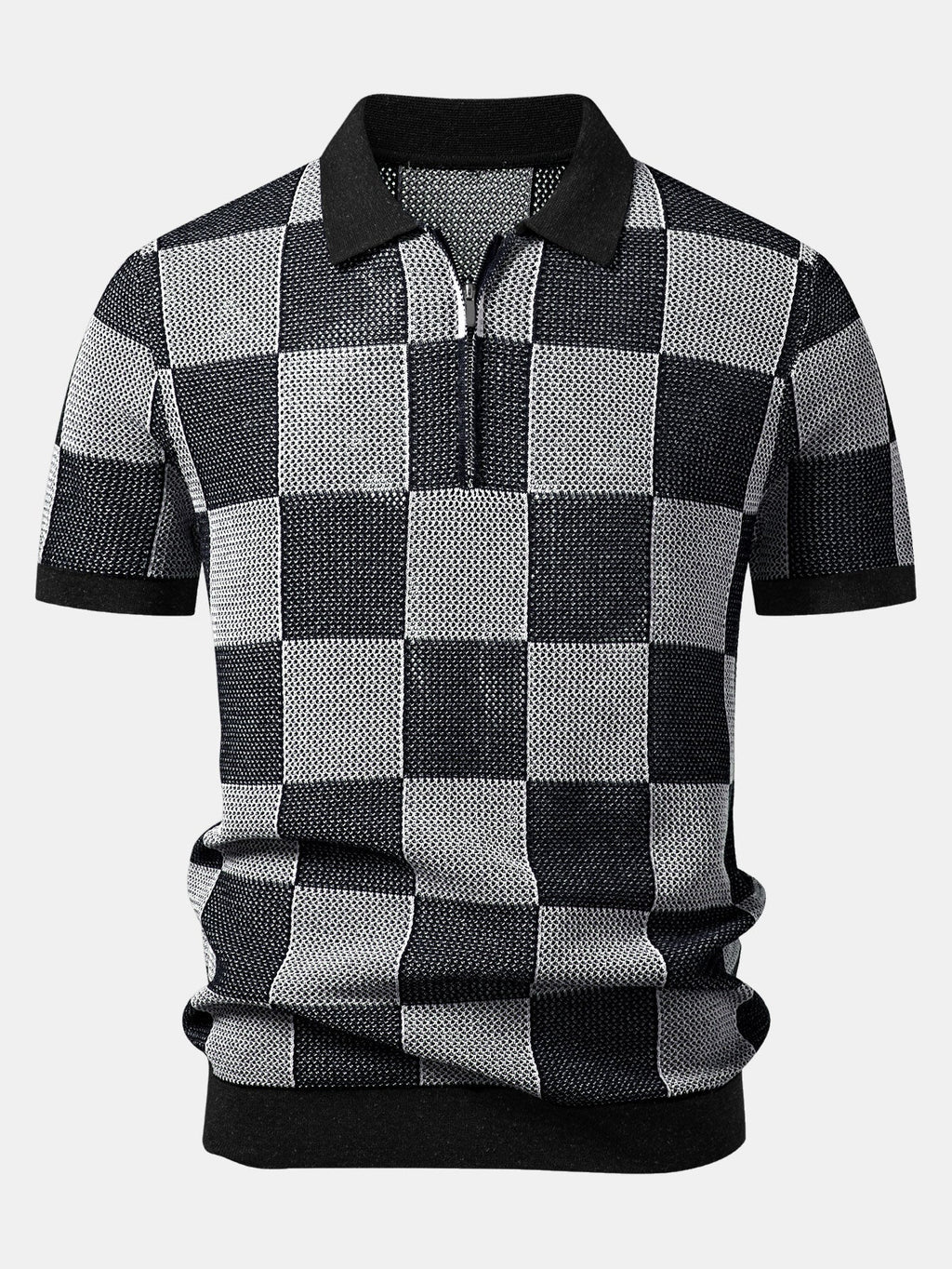Crocheted Zipper Knit Polo with Checkerboard Design