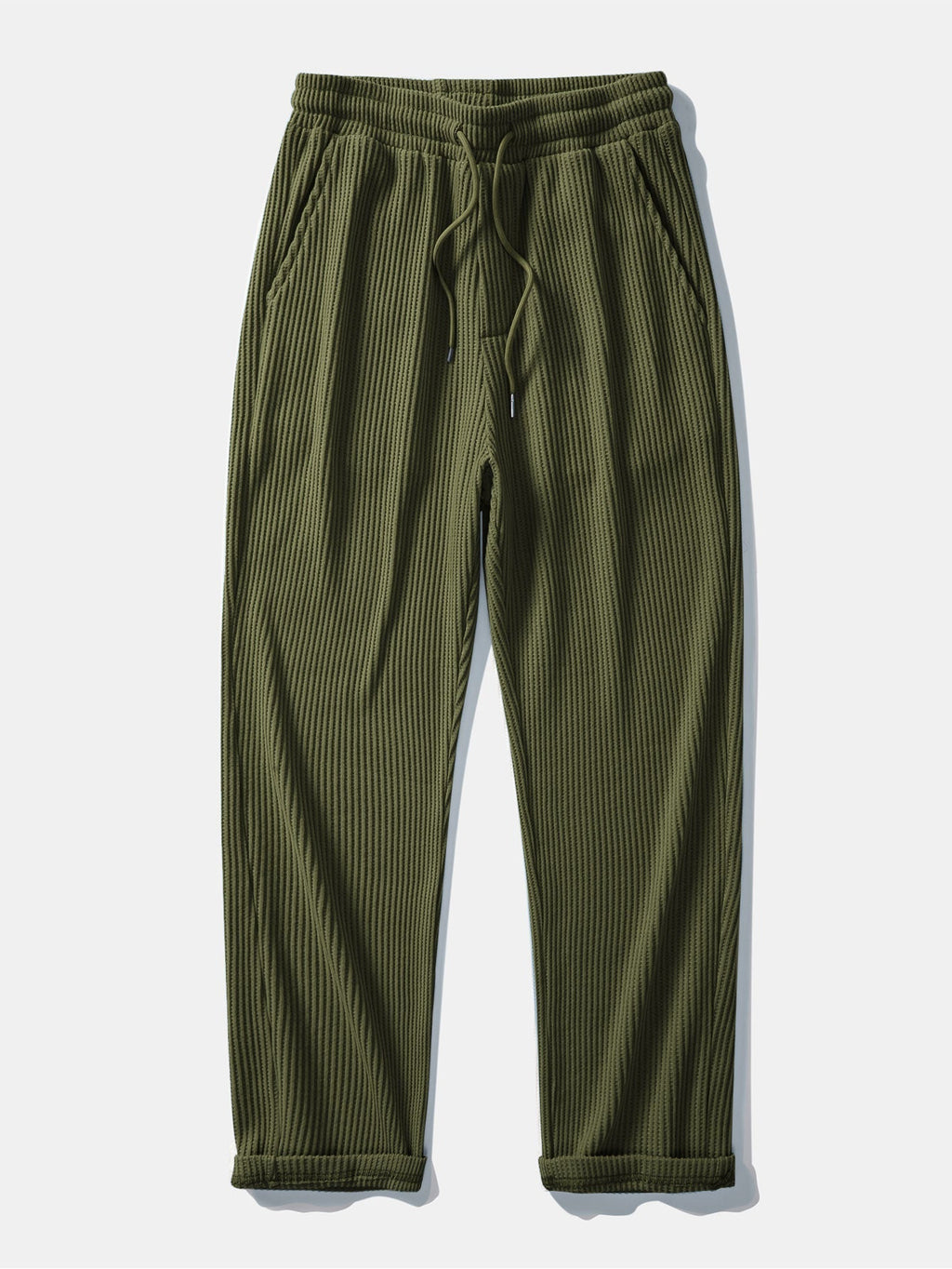Two-Piece Contrast Waffle Set: T-Shirt with Pocket & Drawstring Knitted Pants
