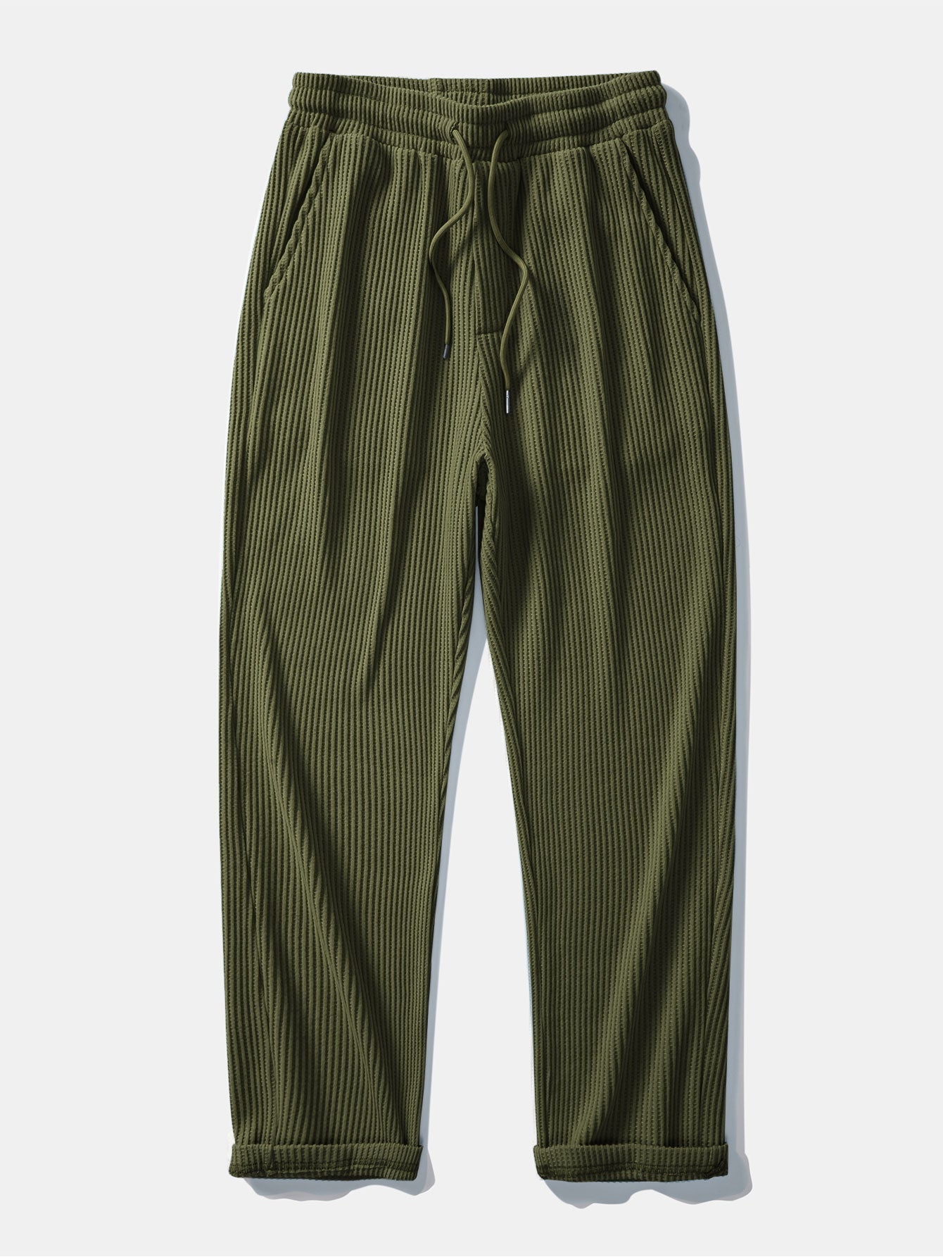Two-Piece Contrast Waffle Set: T-Shirt with Pocket & Drawstring Knitted Pants