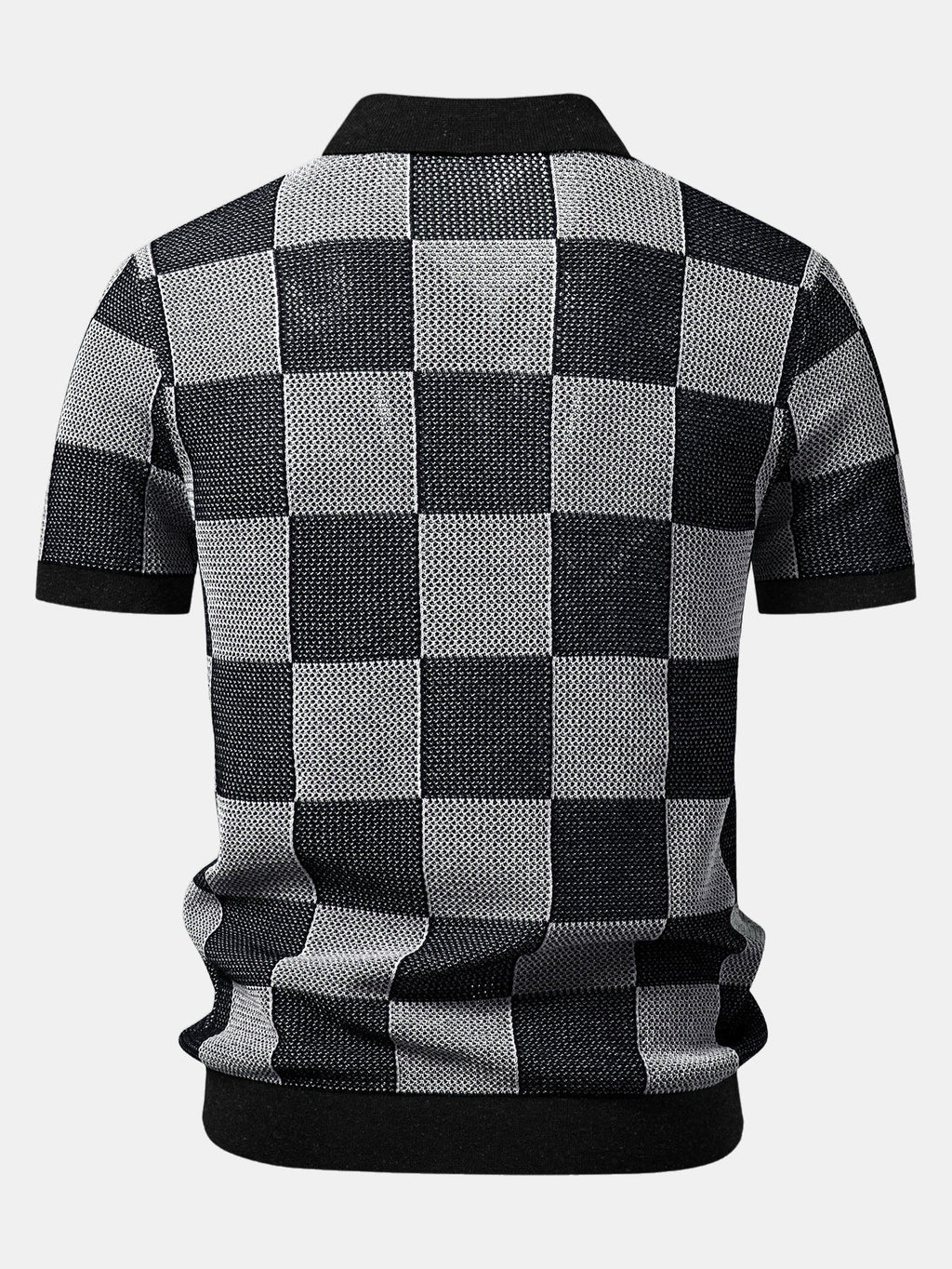 Crocheted Zipper Knit Polo with Checkerboard Design