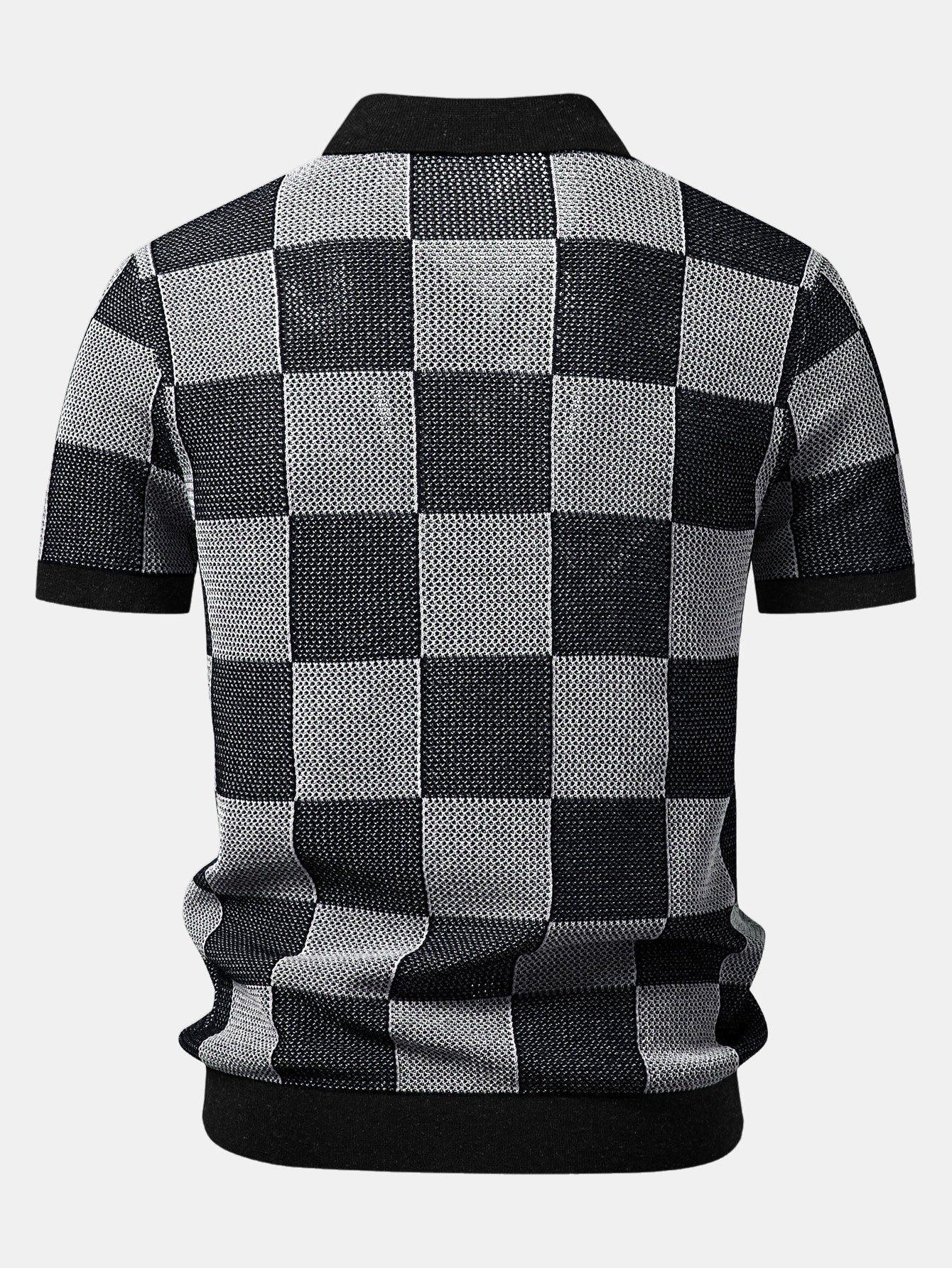 Crocheted Zipper Knit Polo with Checkerboard Design
