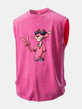 Distressed Washed Tank Top Featuring Pink Panther and V Sign Print