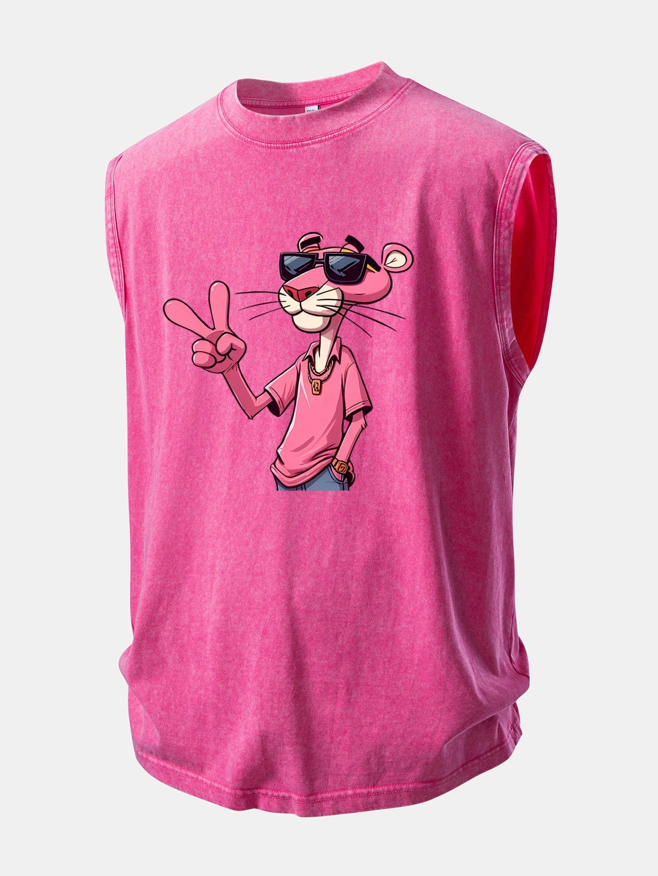 Distressed Washed Tank Top Featuring Pink Panther and V Sign Print