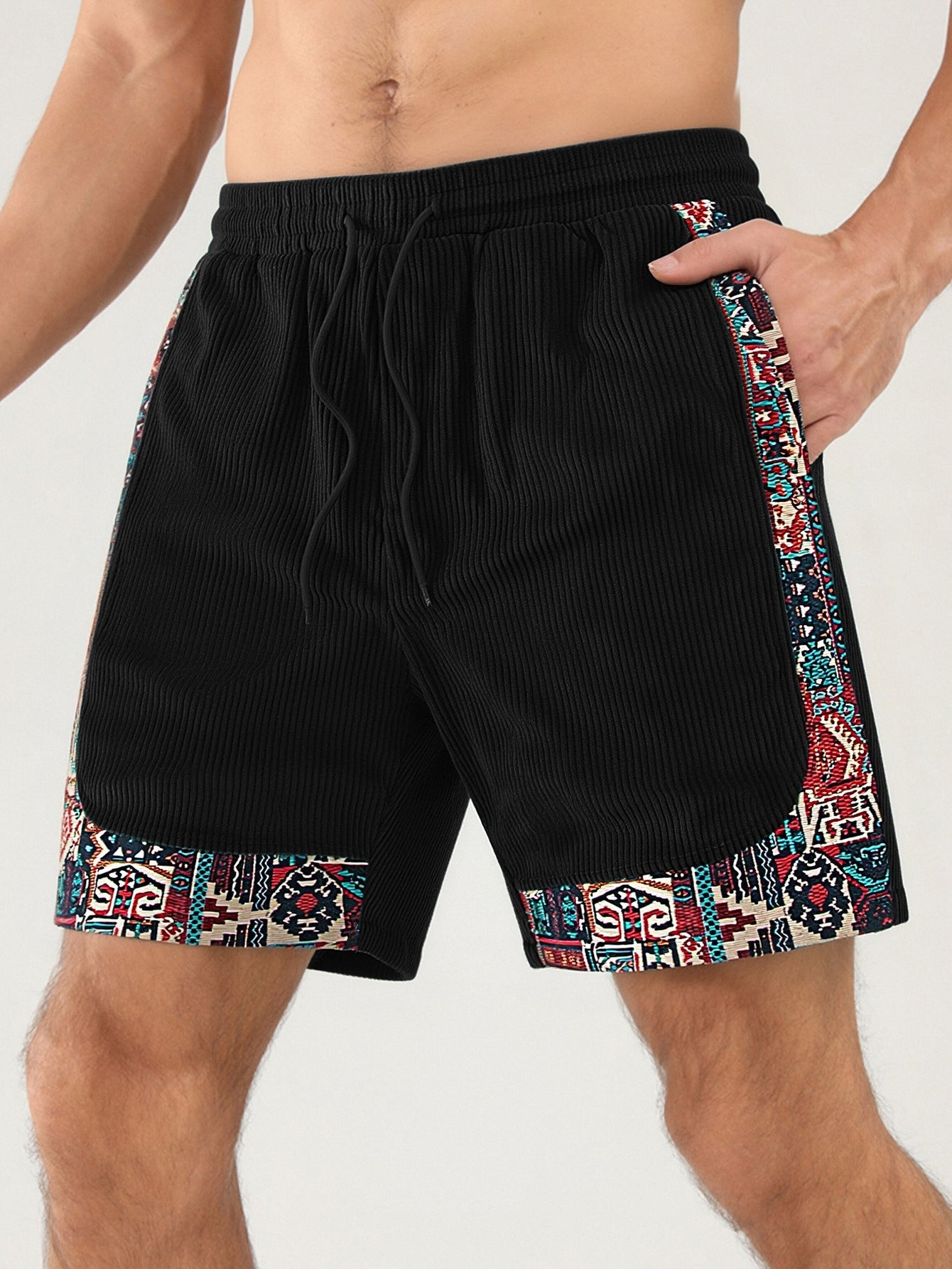 Geometric Jacquard Patchwork Corduroy Shorts with Ethnic Flair