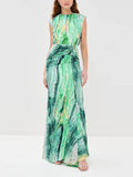 Elegant Unique Tie-Dye Print Front Pleated Back Slit Cutout Maxi Dress