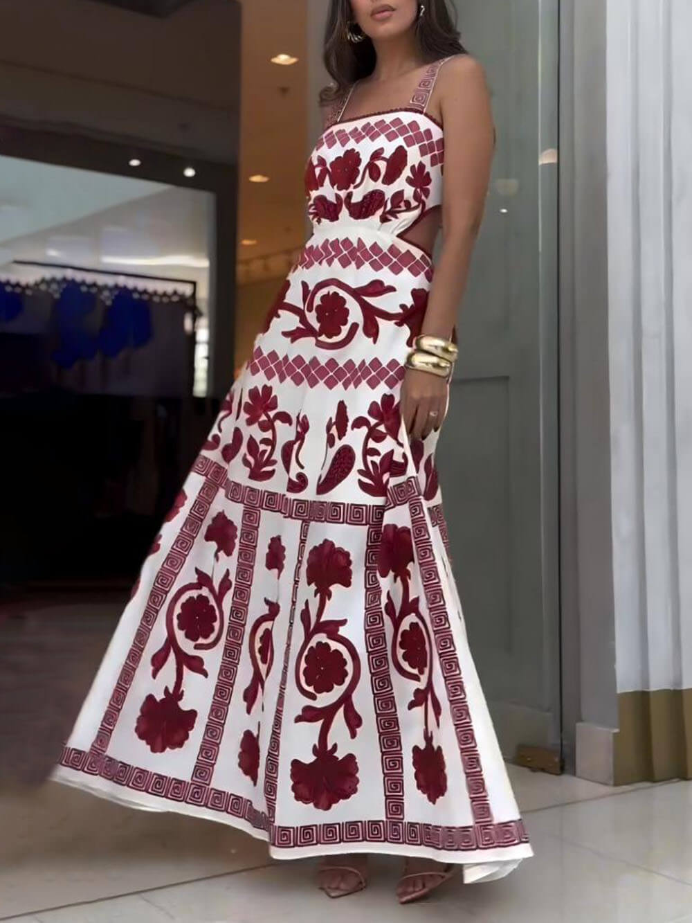 Elegant And Unique Ethnic Print Waist Hollow Out Maxi Dress